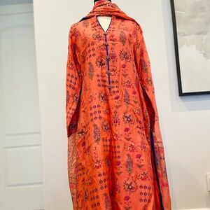 Indian/Pakistani 3 piece peach color cotton silk block printed suit